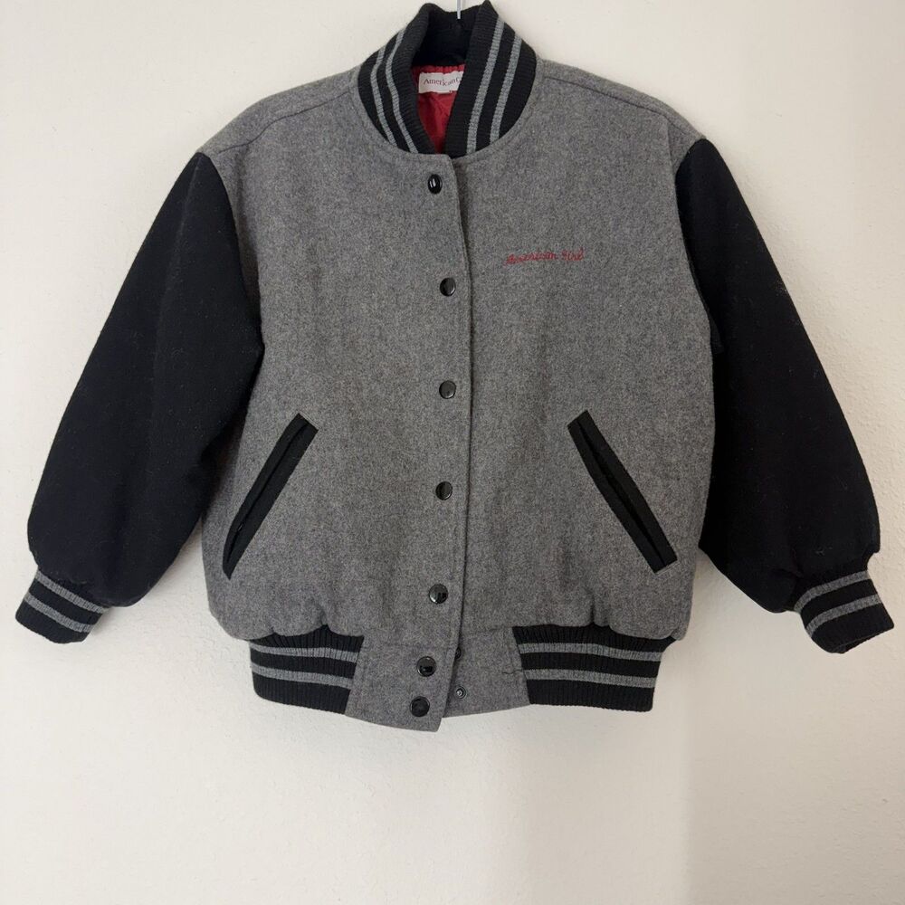American Girl Bomber Varsity Jacket Girls Small Black Gray Red Letters VTG 90s